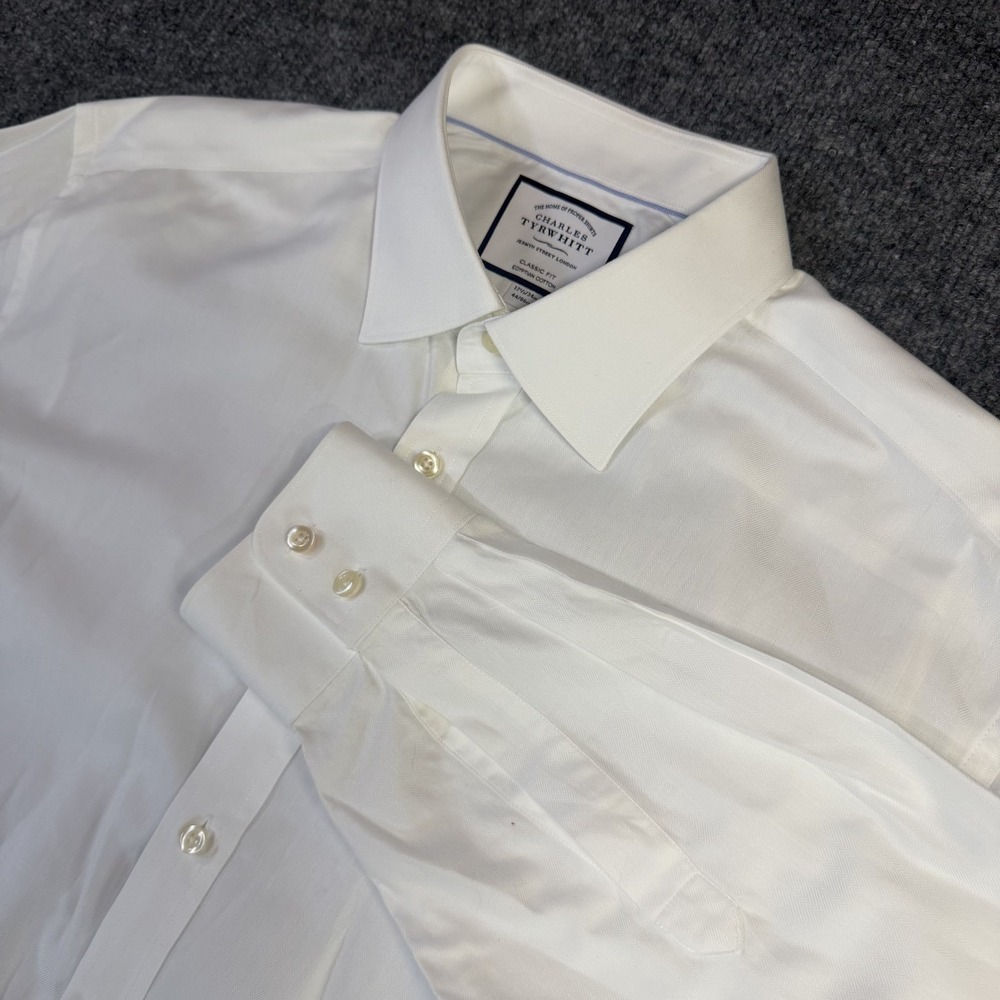 Charles Tyrwhitt Dress Shirt Mens 17.5 34 White Herringbone Classic Fit Preppy
